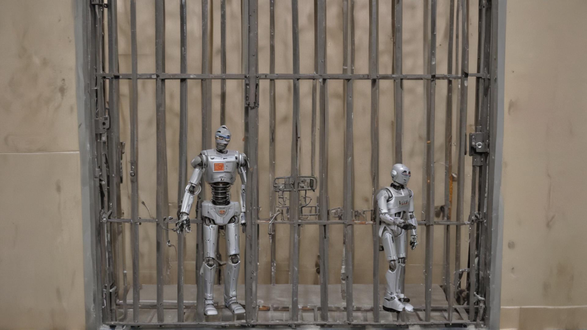 A humaniform robot is standing inside a jail cell like the one from the Andy Griffith show. The robot is trying to reach through the bars to a key that is hanging on the wall outside the jail cell to the robot’s right. The key is couple of feet beyond the reach of the robot. The viewpoint is from the outside the jail cell, eight feet away from the cell, 45 degrees on the robot’s left. The walls are institutional blue. The image should have a slightly humorous vibe.