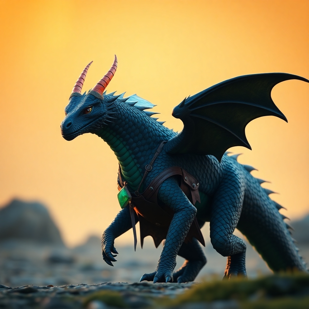 Bipedal Dragon.   Black scales, with patches of green and blue.   two orange horns on the head.   Wearing a leather hunting tunic.   Has a necklace with a stone that glows green.