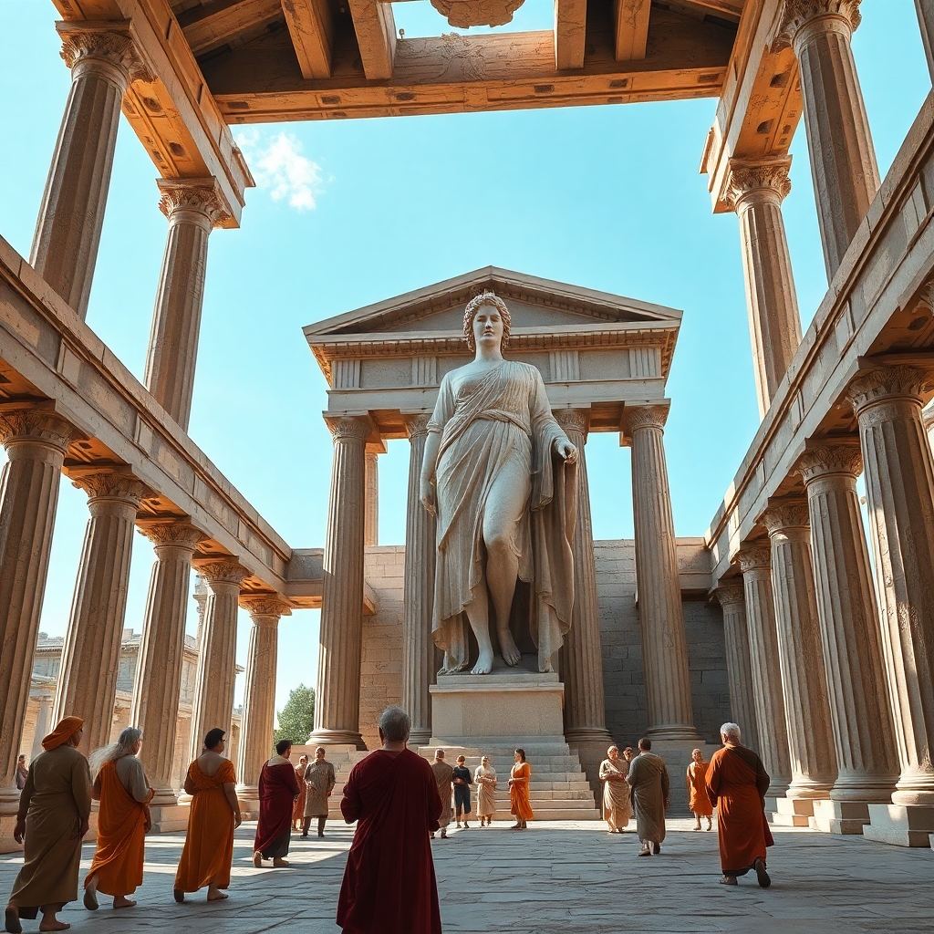 a photorealistic picture of inside the Temple of Athena looking at her massive statue in ancient Greece during the time when Aristotle lived with people in period clothing
