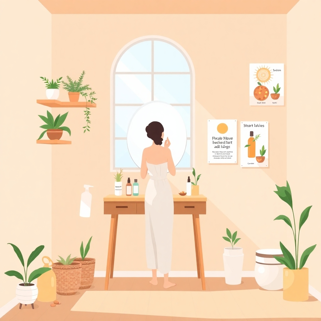 A full scene modern flat vector editorial illustration set in a serene, naturally lit bathroom or skincare corner, emphasizing smart, plant‑based skin‑firming routines. The environment includes clearly visible walls, floor, shelves, and furniture, creating a warm, realistic interior space. A person stands at a wooden vanity table with a mirror, gently applying a natural skincare product. Around them, neatly arranged items illustrate the layered routine: hydrating serums, antioxidant‑rich botanical extracts, nourishing creams, and a sunscreen bottle. Nearby shelves hold potted herbs, aloe leaves, oils, and small bowls of plant‑derived ingredients, subtly highlighting the power of natural actives.  Soft visual metaphors appear naturally in the scene: a gentle glow around the skin to suggest elasticity, leaf‑shaped reflections symbolizing botanical support, and a small diagram‑like poster on the wall showing skin layers in a simplified, friendly style. The atmosphere conveys balance, gentleness, and the idea that firmness comes from consistent care—hydration, barrier support, antioxidants, and sun protection—rather than quick fixes.  Style: modern flat vector illustration, smooth shapes, soft gradients, slight depth, clean editorial design. Color palette: warm neutrals, soft greens, earthy browns, muted peach tones for skin vitality.  CRITICAL: full scene composition with a complete environment. The background must be part of the scene with clearly visible environment elements such as walls and floor. The image must be fully filled edge‑to‑edge. Absolutely no white background anywhere in the image. No blank or empty areas. No isolated objects. No floating composition. No transparent background. The background is not a studio backdrop, it is a real environment.  No text, no watermark.