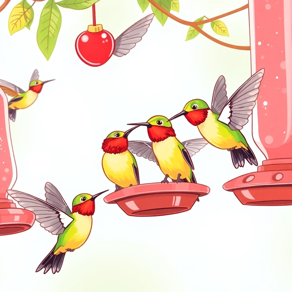 a cartoon drawing of a group of very happy beautiful hummingbirds enjoying nectar from several feedershummingbird.