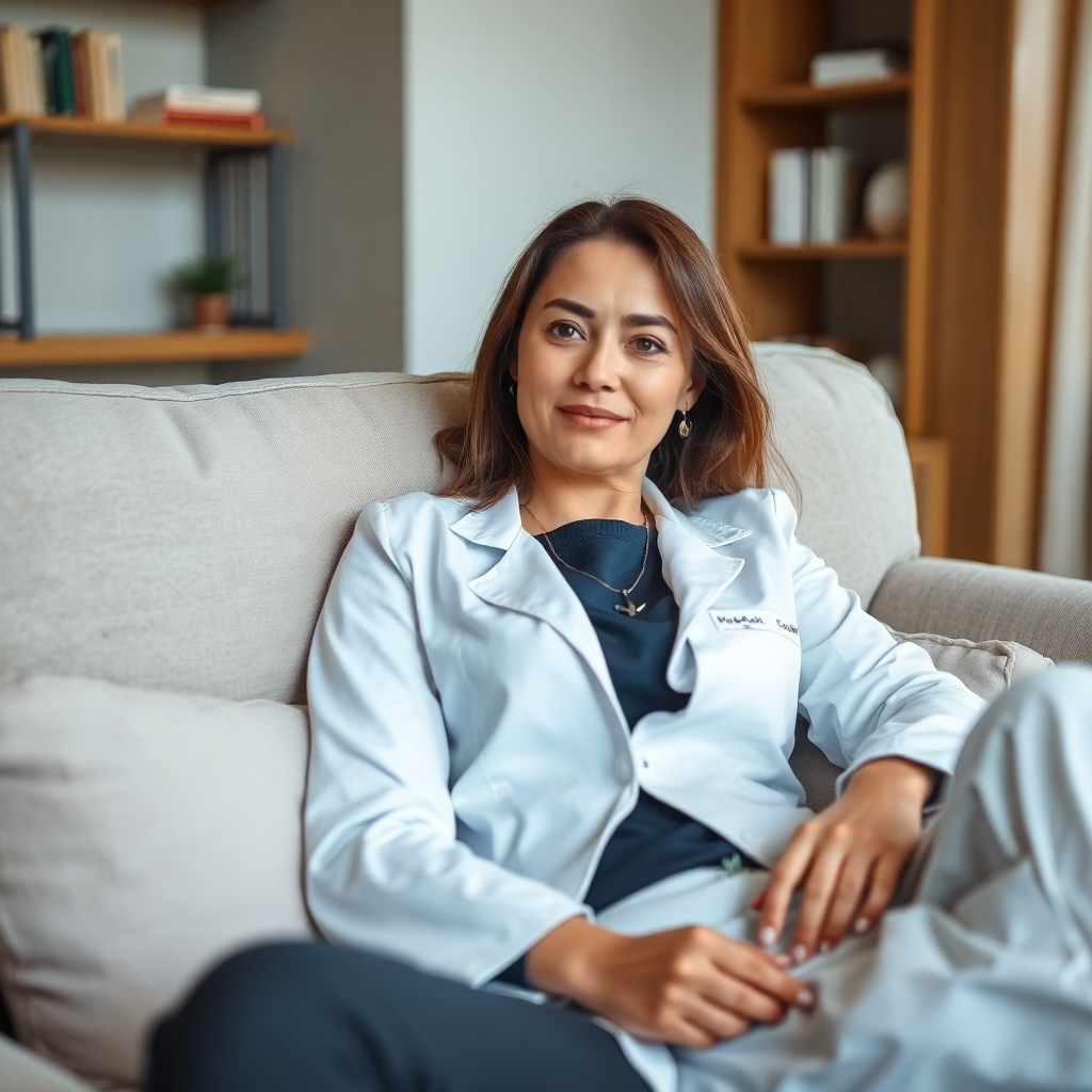 25 year old woman in lab coat laying on couch
