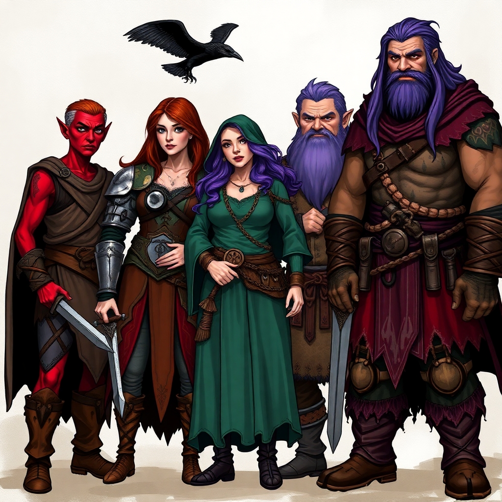A five member dungeons and dragons adventuring party consisting of: A red-skinned thin male elven bard, an adrogynous female half-elf cleric/warlock wearing chainmail with a shadow raven familiar,  a curvy female half-elf warlock with purple hair wearing robes, a short and wide male dwarven ranger, and a very tall male half-giant barbarian/paladin.
