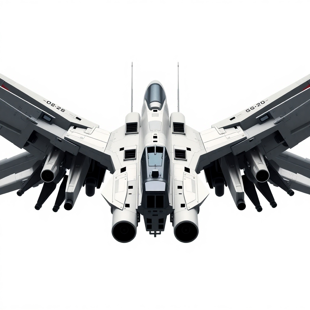 Chinese, Chengdu J-20 style, symmetrical, Macross Valkyrie, Gerwalk Mode, with arms & GU-11 Gun Pod,on a white background