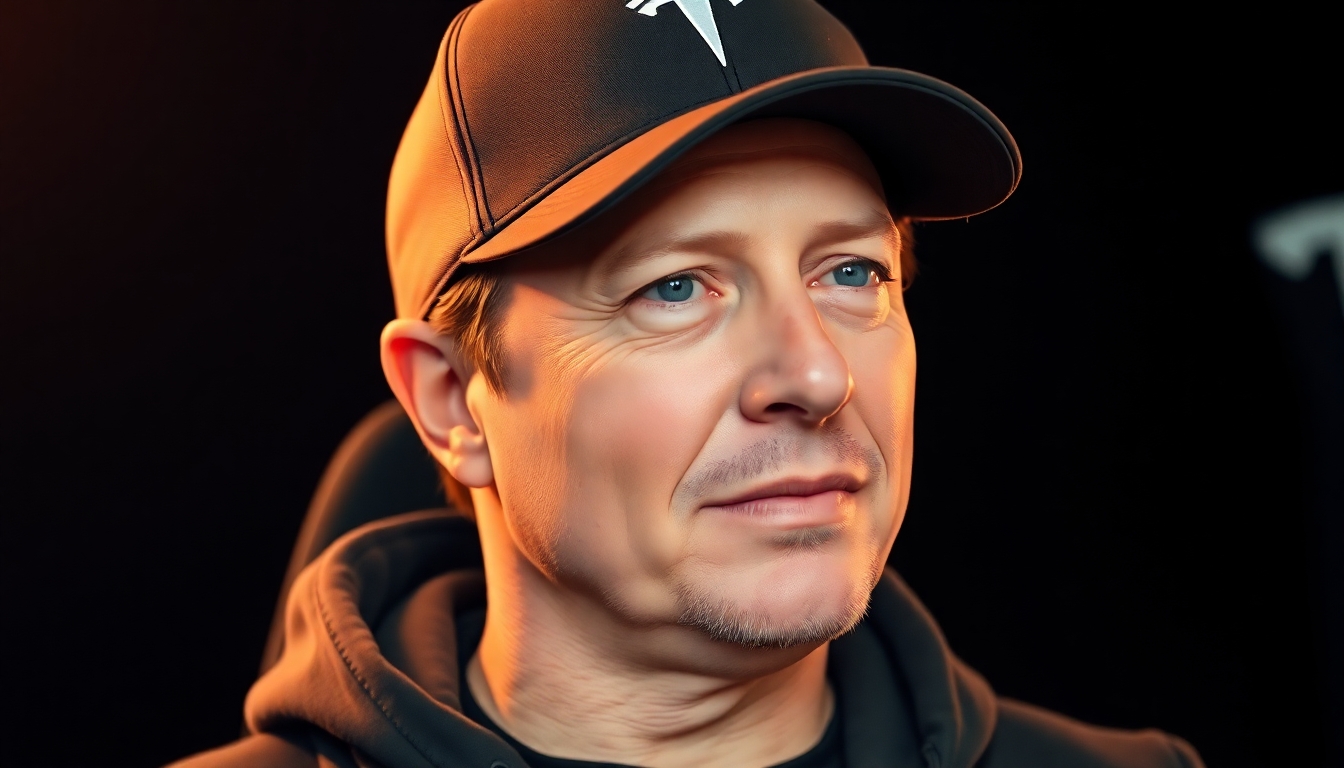 elon musk wearing a baseball cap with a Tesla logo