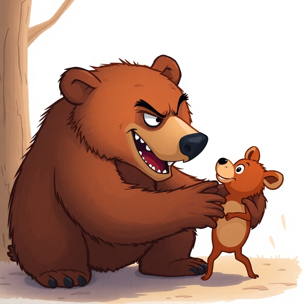 a cartoon drawing for a children's book of a sinister looking bear who has just cornered an animal.  side view of the bear