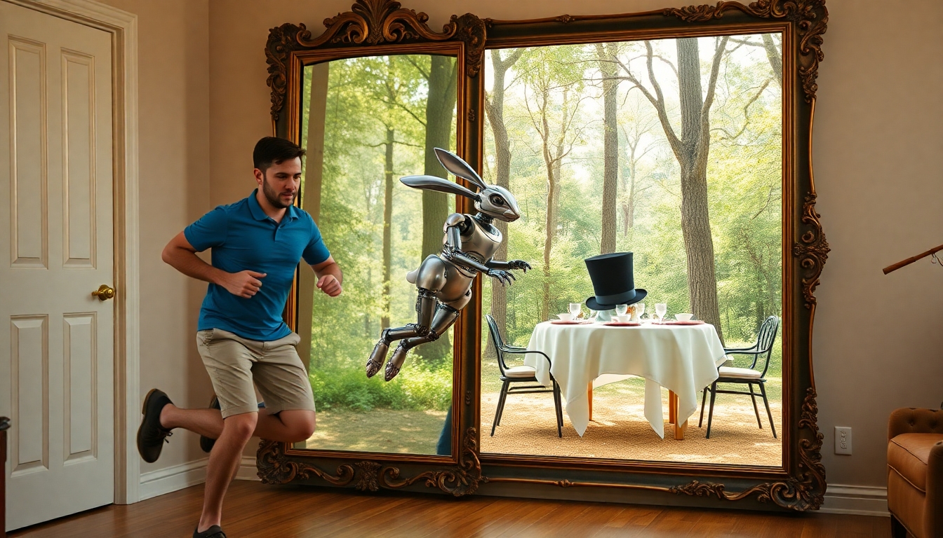 A man wearing a blue polo shirt and khaki shorts is running after a steam-punk style robotic rabbit. The robotic rabbit is leaping through an ornate, vintage full-length mirror. On the other side of the mirror, the scene transforms into a whimsical forest clearing. In the clearing, there is a table set for tea with an oversized teapot and a large, extravagant top hat placed beside it. The atmosphere is vibrant, with dappled sunlight filtering through the trees, evoking a surreal, storybook feel. The mirror acts as a magical portal between the ordinary room and the fantastical tea party in the forest.