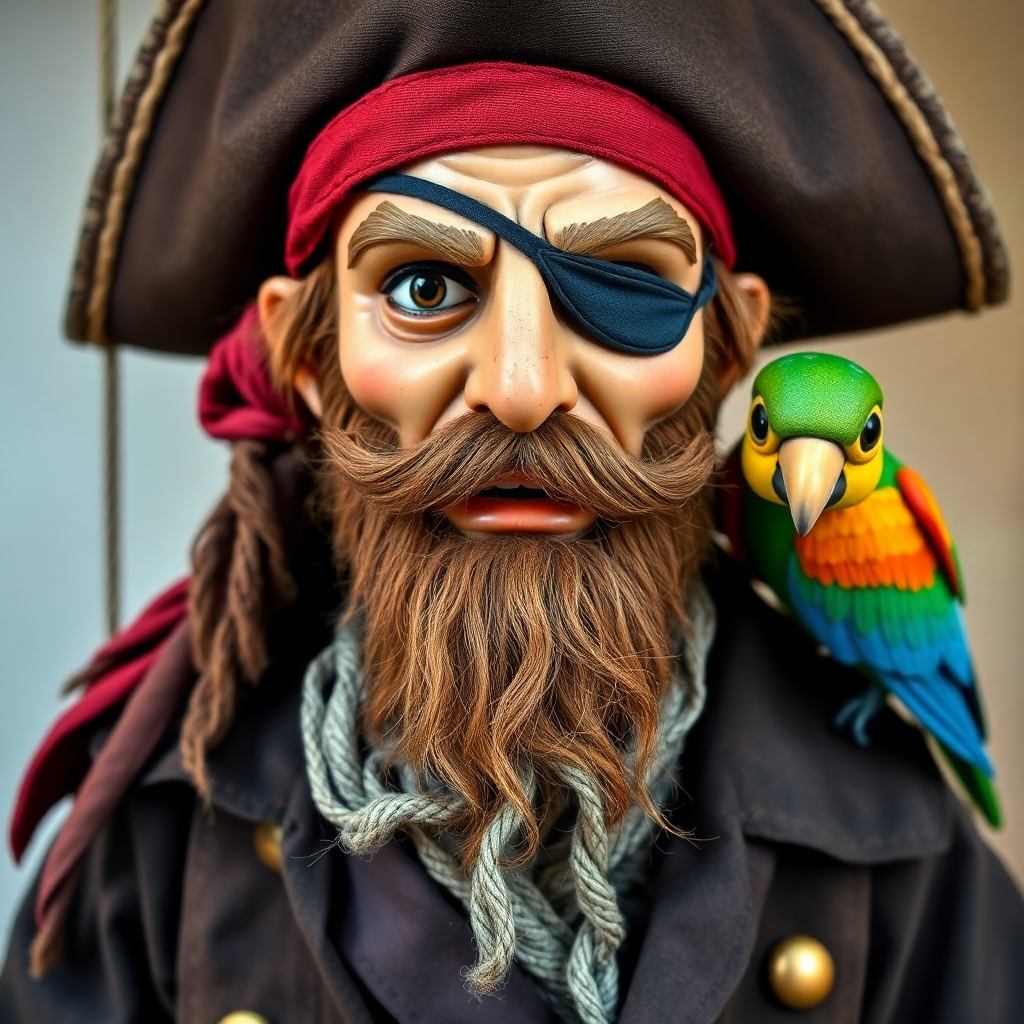 pirate with scruffy beard marionette with an eyepatch and parrot on his shoulder