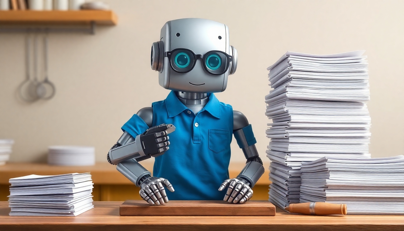 A metal robot wearing eyeglasses, wearing a blue polo shirt, stands facing forward at a cook's chopping table. On the robot's right is a taller pile of bound notebooks, and on the left is a smaller, neatly stacked pile of paper. The robot holds a multi-function tool, similar to a Swiss Army knife or Leatherman multi-tool, in its left hand and a binder from the notebook pile in its right hand. The robot's hands are blurred, indicating rapid movement as it swiftly reduces the binders into simple paper.
