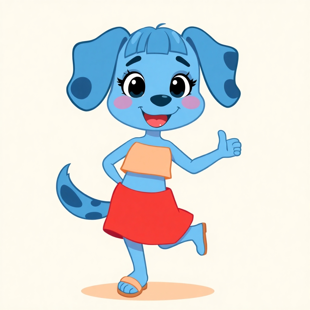 A cheerful, anthropomorphic blue dog girl with floppy ears and darker blue spots, styled in a cartoony, family-friendly aesthetic. She has medium-length hair with bangs, large expressive eyes, and a happy expression. She’s wearing a peach-colored crop top, a red mini skirt, and beige sandals. Her pose is playful and energetic, mid-step as if dancing, with one leg lifted and both hands raised in motion. The background is a soft beige with a subtle paper texture, keeping the focus on the character. The art style is clean and stylized, ideal for character illustrations or mascot concepts.