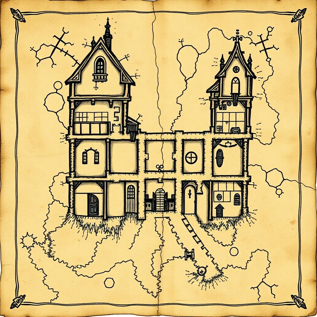 An ancient a weathered map of a gothic estate. The map should show three floors and a basement and include secret doors, traps and secrets. The map should appear old, faded and hand drawn in a comic gothic style as if pages of an old journal..