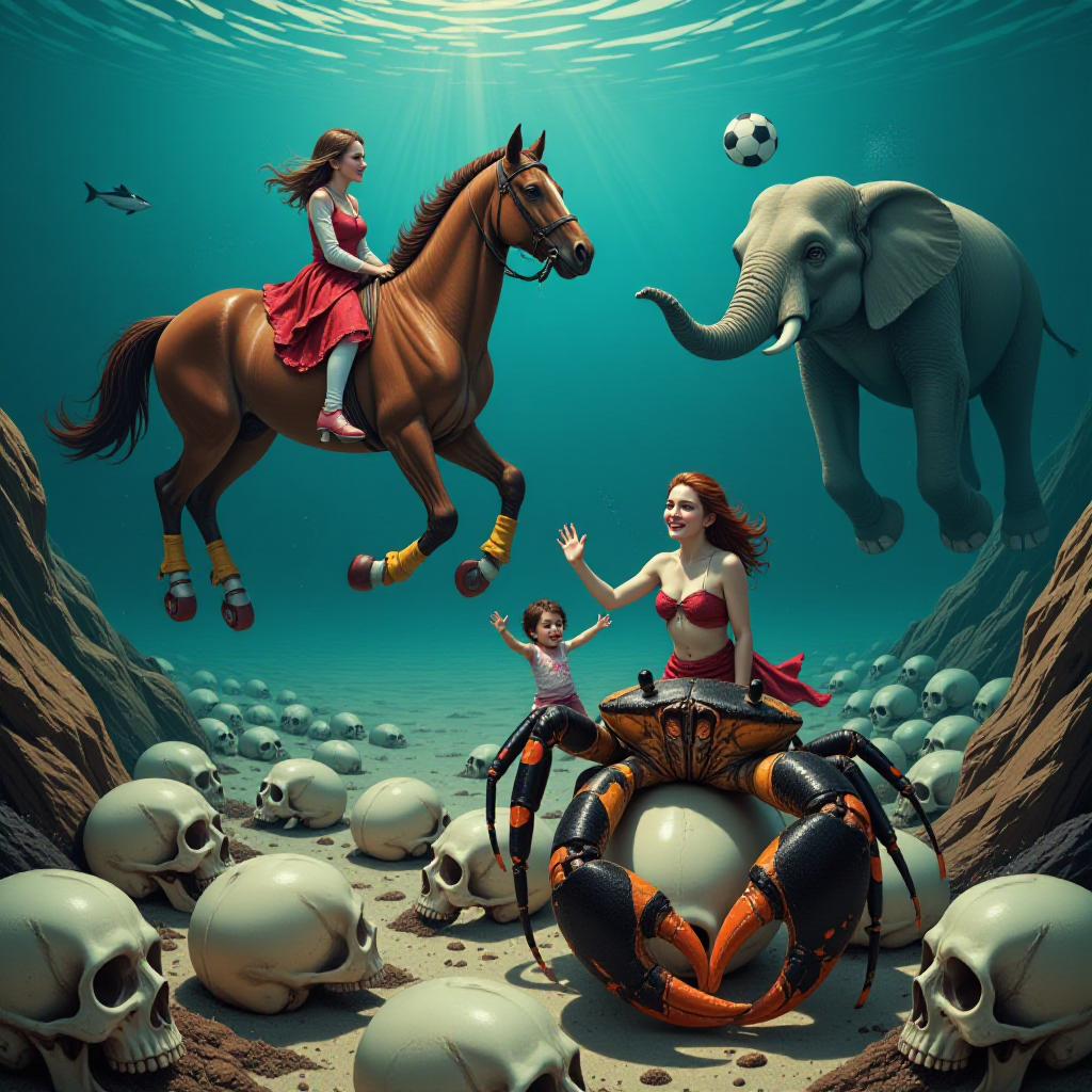 A surreal underwater scene. A horse wearing roller skates swims gracefully through the ocean. Beside the horse swims a gypsy girl with a flowing skirt, looking cheerful and friendly. The scene is set close to the seabed, which is entirely covered with human skulls. On one of the skulls sits a cross-shaped crab, black with yellow stripes. The crab is holding a tiny human in one of its claws. The tiny human waves at the gypsy girl, and they smile at each other warmly. To the side, an elephant floats underwater, holding a soccer ball with the tip of its trunk.