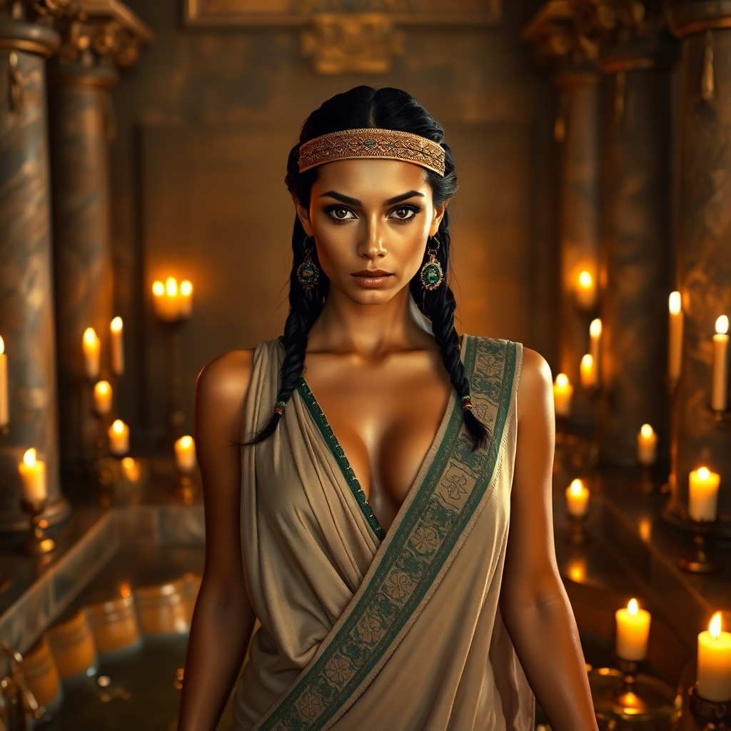 Queen Cleopatra stepping out of a luxurious stone bath in an ancient Egyptian palace room. She is beautiful and haughty with light brown skin, almond eyes, sharp nose and high cheekbones. She is looking directly at the camera with a regal, dismissive stare on her face. She is wrapped in a piece of wet embroidered silk that covers her nudity and clings to her body. Many candles and torches light the scene.