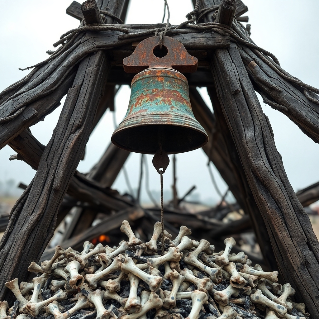 A rusted bell swings in a toppled tower above a makeshift pyre of bones.