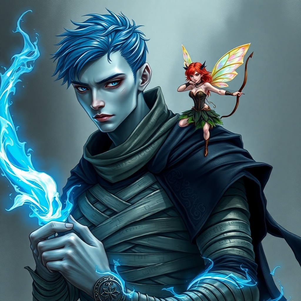 a pale grey skinned Doppelganger with short blue-black hair, black eyes, grey irises, thin lips, no nose. their torso covered in mummy bandages that are etched in multicolor runes. one shoulder draped in a ornate almost black cloak. they are wielding magical energy gripping in one hand an entwining elongated shaft of blue and white light. standing upon his shoulder is a very tiny redheaded female sprite archer with iridescent wings, wearing a corset and skirt made of leaves and vines