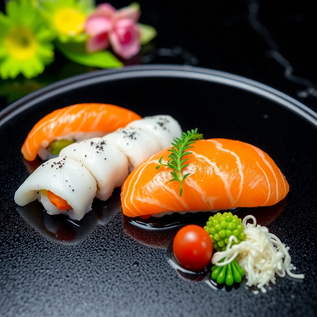 Luxury fresh sushi platter with salmon, on a black wet-surface plate