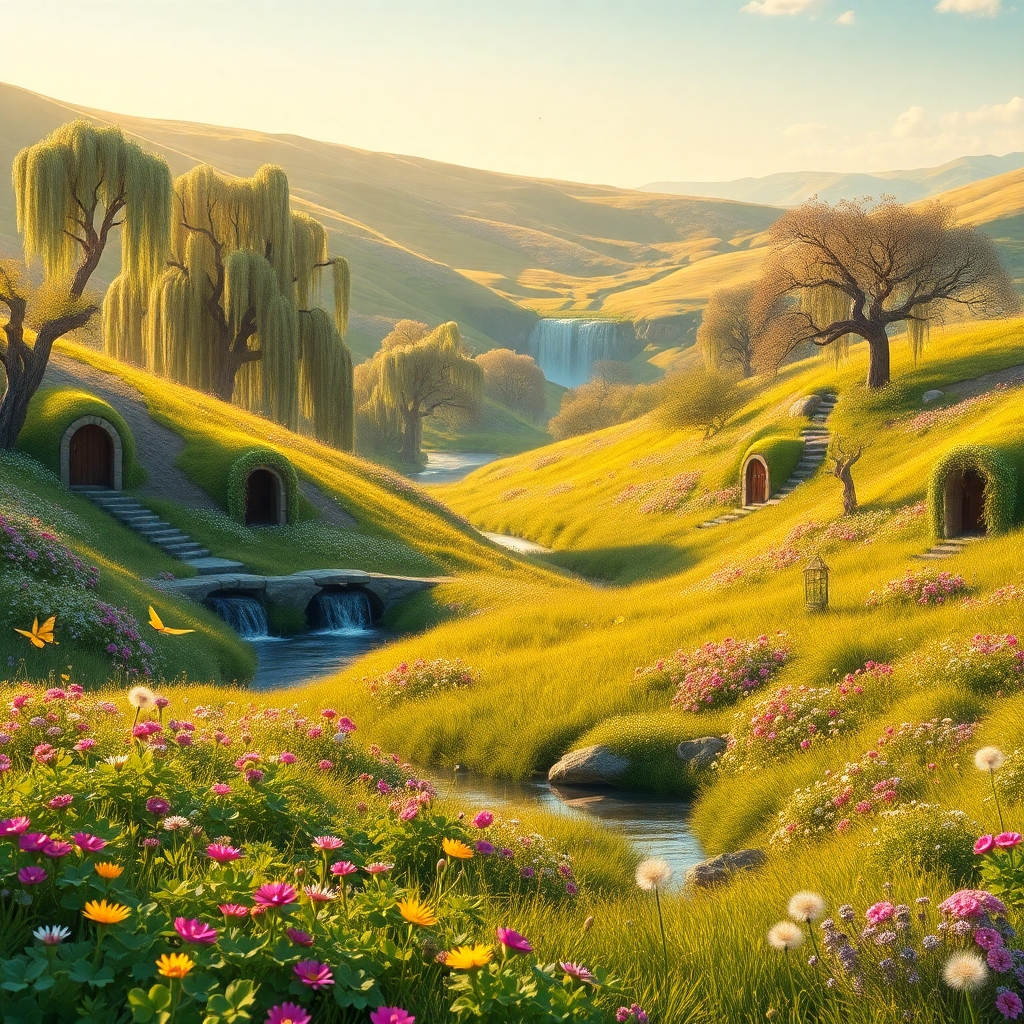A lush, ultra-photorealistic meadow bathed in golden morning light, overflowing with vibrant clover patches, soft moss, and fields of wildflowers in pinks, purples, and yellows. Gently rolling hills stretch into the distance, dotted with ancient, gnarled willow trees draped in trailing vines. Sparkling brooks wind through the landscape with tiny arched bridges made of polished stone. Cozy burrow entrances line the hillsides, each adorned with tiny hanging lanterns and woven grass wreaths. Carrot gardens, berry patches, and low-hanging fruit trees are scattered throughout. Butterflies flutter gently in the warm breeze, and fluffy dandelions float in the air. In the distance, a crystalline waterfall cascades into a quiet pool surrounded by tall grass and sun-warmed rocks. The entire scene is infused with soft, warm light and magical serenity—a paradise made just for rabbits.