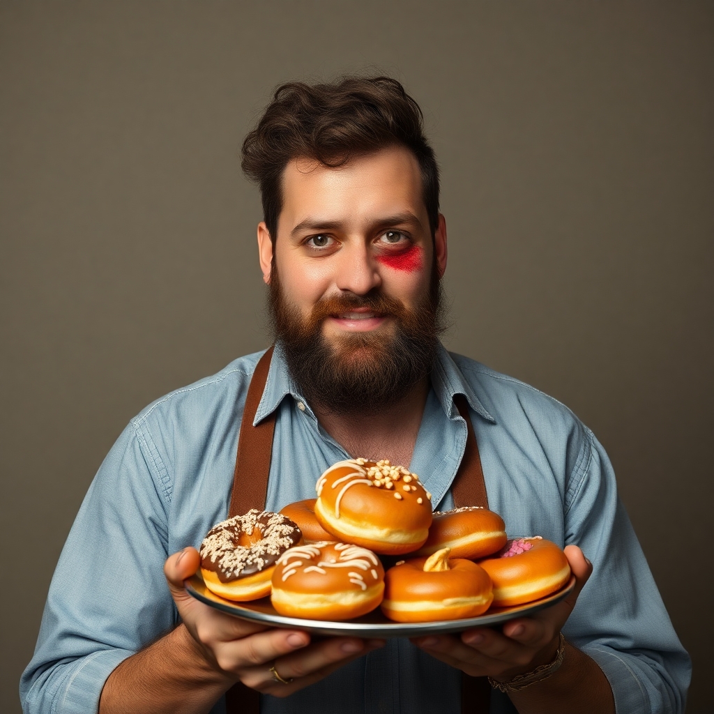 man with a cannonball wound holding a plate of donuts