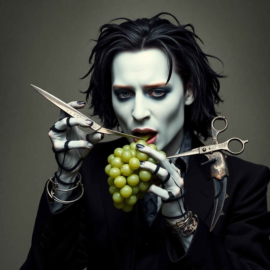 edward scissorhands mindful eating a grape johnny depp has scissors for hands white face tim burton style his hands are made of scissors he has scissor fingers and is eating a grape hands made of scissors