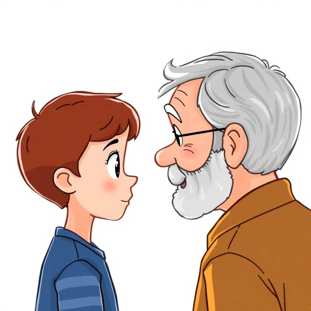 a cartoon drawn little boy with brown hair and his grandfather with short gray hair from the side view looking at each other. https://www.imagiyo.com/images/mxkaz6Y5aJ0P/view