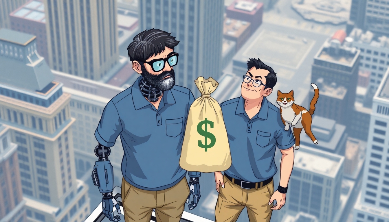 A robot and a man stand side by side on top of the New York Stock Exchange building. The man, with black hair streaked with grey and a thin salt-and-pepper beard, wears glasses, a blue polo shirt with a pocket, and khaki pants. The man has just dropped a large banking bag of money with a large $ printed clearly on the bag. The robot has simultaneously dropped a cat. Both are looking down as they watch curiously from the top of the building as the money and the cat fall to the street below.