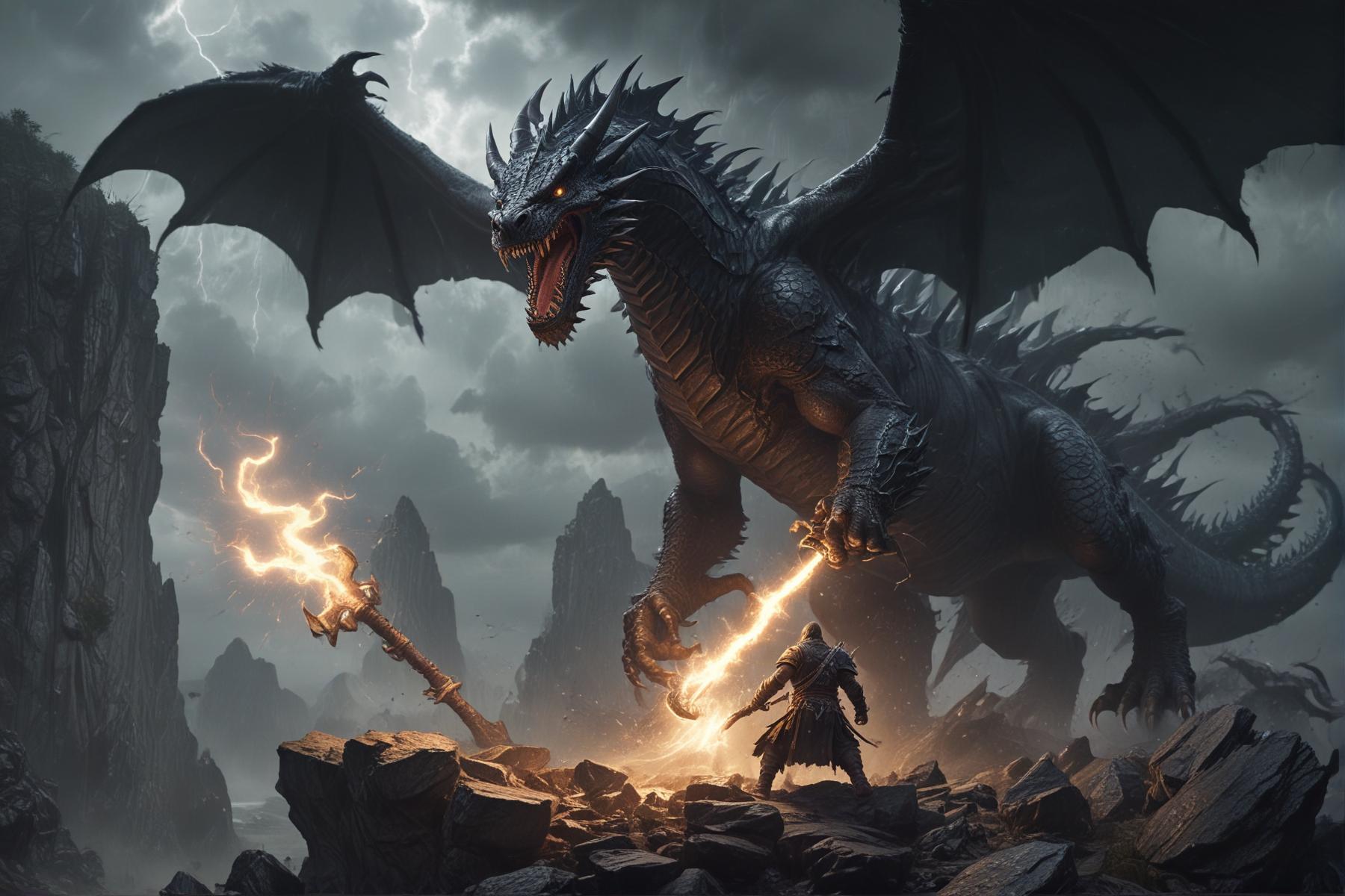 Can you create an image a full dwarf fighting a black dragon in a Cliff, a rainy sky with Powerful lightning bolts in the image behind him up in the sky while he is attacking the dragón with Battle axe, te dragon is trying to prevent him from passing