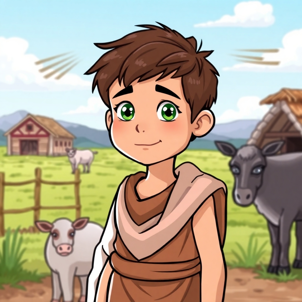a cartoon drawn little boy with brown hair and green eyes at age 11 on a farm. This is for a children's book so make him cute, innocent and likeable for the reader to look at. I would like the same character doing the following: wearing 815 BC Ancient Greece clothes. https://www.imagiyo.com/images/mxkaz6Y5aJ0P/view
