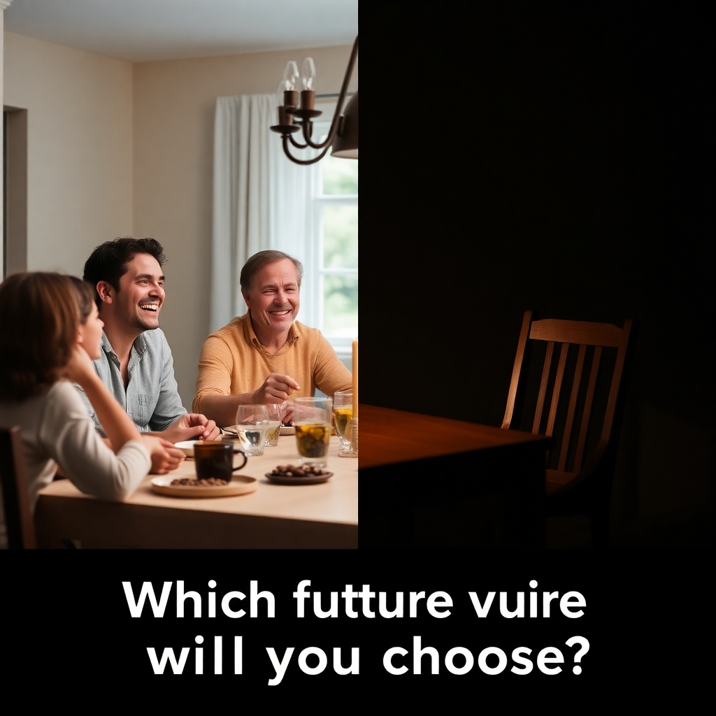 A split-image concept: On the left, a family laughing at a dinner table (happy, secure). On the right, a dimly lit, empty chair at the same table (symbolizing loss). Overlay text: "Which future will you choose?