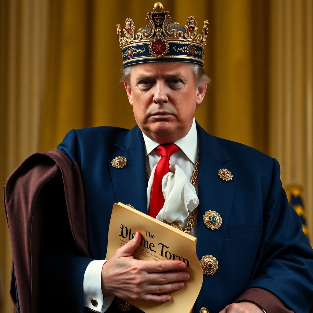 An image of Trump dressed as an emperor wiping his ass with the constitution