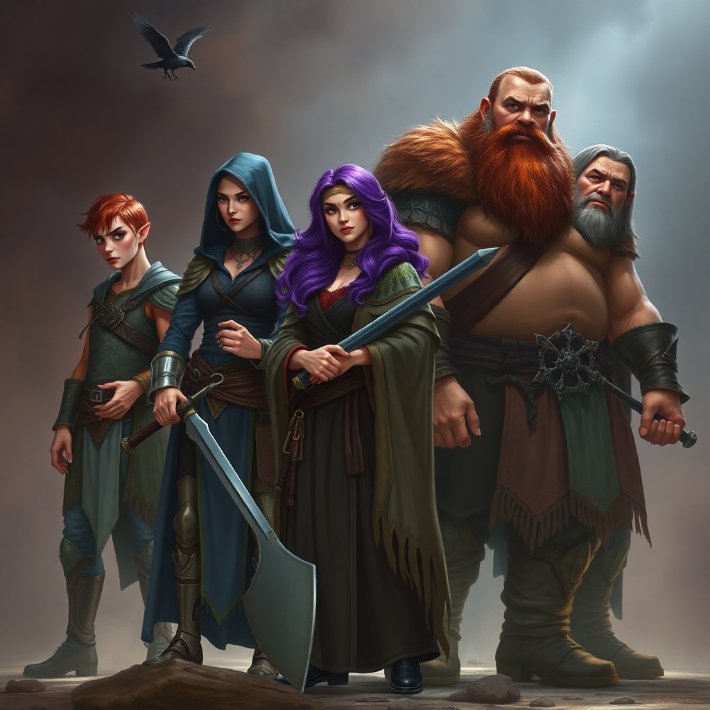 A five member dungeons and dragons adventuring party consisting of: A red-skinned thin male elven bard, a thin adrogynous female half-elf cleric/warlock wearing chainmail with a shadow raven familiar,  a curvy female half-elf warlock with purple hair wearing robes, a short but wide male dwarven ranger, and a very tall male half-giant barbarian/paladin.