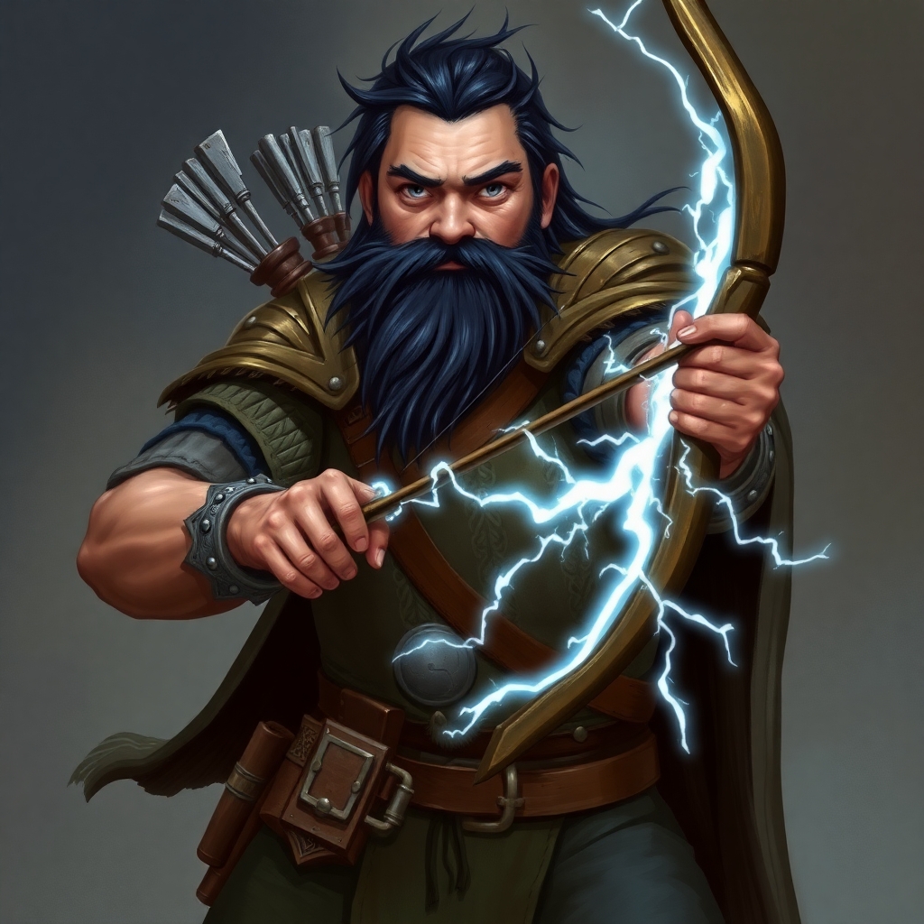 A fifth-edition dungeons and dragons character who is a middle-aged dwarf ranger. He has a wide build, black hair, gray eyes, weilds a magical bow that creates lightning, and wears a mithril breastplate.