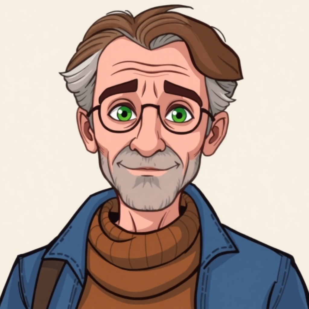 a cartoon drawn middle aged man at age 55. He has brown and gray hair and green eyes.  This is for a children's book so make him likeable to the reader.