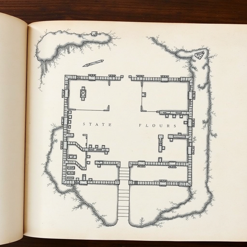 A simple map of the first floor of an overgrown and ruined medieval, gothic estate taken from the page of a journal.