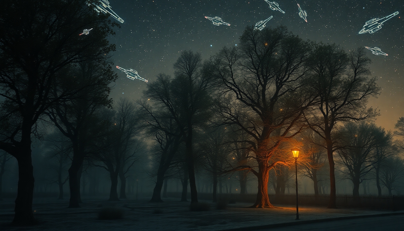 a far away land where trees are people and people are trees, frozen in place and their hair the equivellent of leaves. lots of spaceships fly around and fireflies light up the night sky