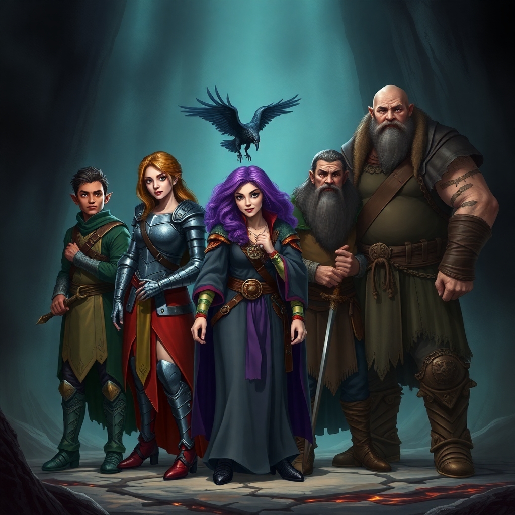 A five member dungeons and dragons adventuring party consisting of: A red-skinned thin male elven bard, a thin adrogynous female half-elf cleric/warlock wearing chainmail with a shadow raven familiar,  a curvy female half-elf warlock with purple hair wearing robes, a short but wide male dwarven ranger, and a very tall miscular male half-giant barbarian/paladin.