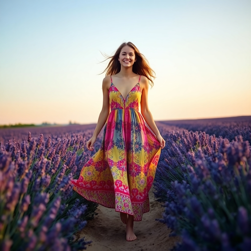 A smiling women wearing a colorful long dress blowing in the wind walking through a lavender field in Provence