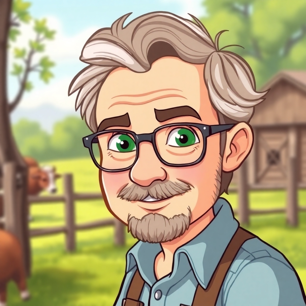 a cartoon drawn young looking grandfather with brown and gray hair and green eyes at age 58 on a farm. This is for a children's book so make him cute, and likeable for the reader to look at.  I don't want him to have any facial hair, but glasses are fine to wear.