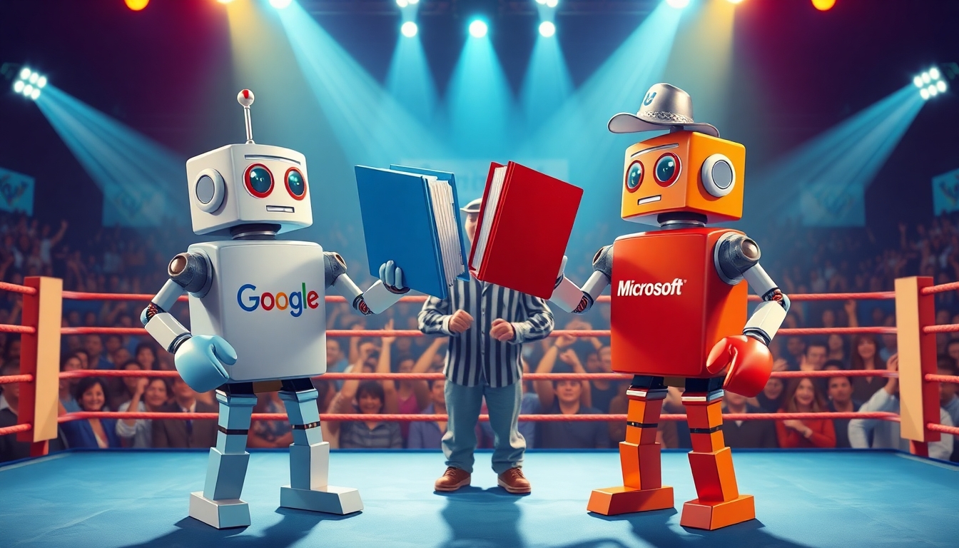 Create a vibrant, eye-catching illustration of two classic Rock'em Sock'em-style robots in a boxing ring. One robot is wearing a Google-branded T-shirt, and the other is wearing a Microsoft-branded T-shirt. Instead of boxing with their fists, each robot is wielding a large, colorful notebook binder as a playful weapon. One binder is blue, the other is red. The scene is being refereed by a third robot, styled in a neutral metallic color, wearing a hat with the Perplexity logo clearly visible. The atmosphere should be energetic and fun, with the boxing ring set under bright lights and a lively, tech-inspired audience in the background. The overall style should be polished, modern, and suitable for use in a professional technology blog or publication. Avoid using any copyrighted logos; use suggestive branding (such as color schemes and general design elements) to represent Google, Microsoft, and Perplexity.