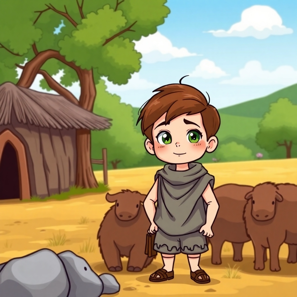 a cartoon drawn little boy with brown hair and green eyes at age 13 on a farm. This is for a children's book so make him cute, innocent and likeable for the reader to look at. I would like the same character doing the following: wearing neanderthal 300 BC time period clothes. https://www.imagiyo.com/images/mxkaz6Y5aJ0P/view