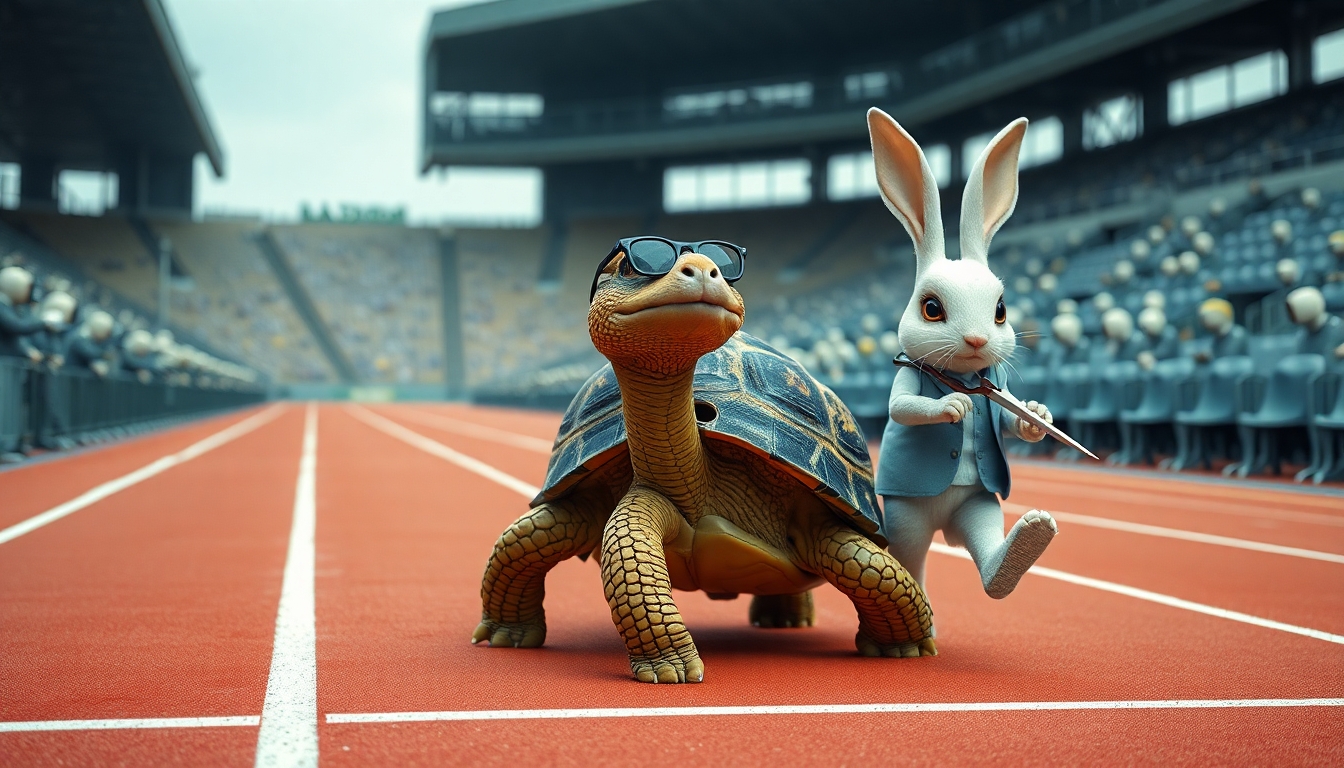 A Tortoise is calmly crossing the finish line of track race. The Tortoise has a thin beard, is wearing glasses, and is dressed in a polo shirt. Behind the Tortoise is a Rabbit. The Rabbit looks frightened. The rabbit is carrying scissors. The rabbit is falling. The rabbit is wearing a suit. The stands around the track are occupied with humaniform robots.