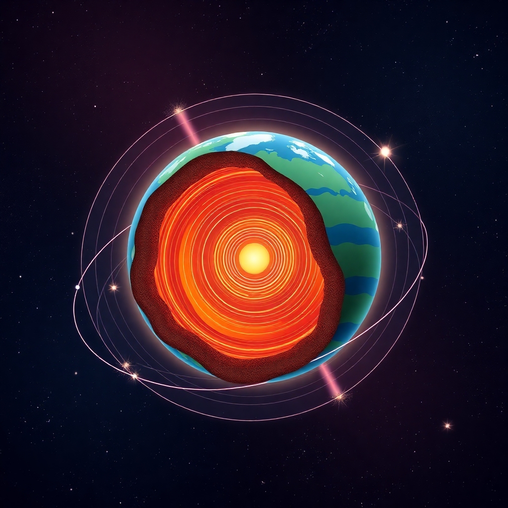 A detailed modern flat vector illustration, editorial illustration style, showing the physical mechanism of Earth’s magnetic field and the geodynamo in a full scene environment. The main focus is a cutaway view of planet Earth placed within a cosmic setting, where the internal layers are clearly visible, including the solid inner core and the flowing molten outer core. Inside the outer core, glowing liquid metal flows in circular motion, forming dynamic convection currents and spiral patterns that visually represent the geodynamo process. Surrounding the Earth, magnetic field lines curve smoothly from pole to pole, extending outward into space, interacting with solar particles and forming a protective magnetosphere. Subtle visual elements such as charged particles being deflected, aurora-like light effects near the poles, and flowing energy lines emphasize the invisible but active magnetic system. The environment is a complete cosmic scene with a deep space background, including a gradient sky filled with stars, distant nebula-like color transitions, and a soft glow around the planet. The space environment must feel continuous and fully integrated, not empty, with layered depth and atmospheric effects. Style uses smooth shapes, soft gradients, slight depth, and clean editorial design. The color palette includes deep blues, purples, and blacks for space, contrasted with bright orange and yellow tones for the molten core, and soft glowing cyan or green for magnetic field lines. High detail, crisp edges, and balanced composition. CRITICAL: full scene composition with a complete environment. The background must be part of the scene with clearly visible environment elements such as space, stars, and atmospheric depth. The image must be fully filled edge-to-edge. Absolutely no white background anywhere in the image. No blank or empty areas. No isolated objects. No floating composition. No transparent background. The background is not a studio backdrop, it is a real environment.