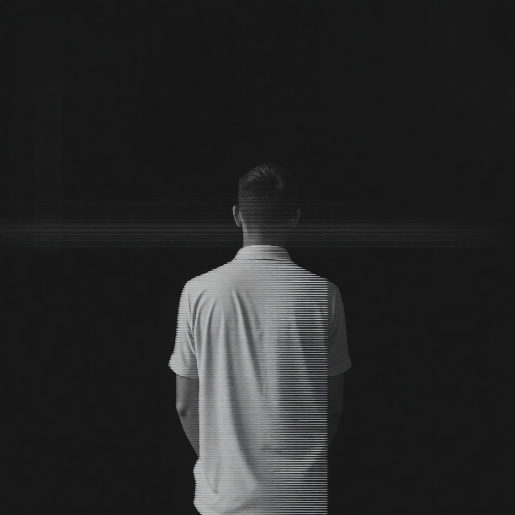 glitch art with high distortion, high level artefacts, horizontal scan lines and digital interference, vertical portrait of man from behind in the distance, minimal dark grey background, horizontally distorted figure with scan line interference pattern, soft diffused lighting, corrupted data aesthetic with noise texture and horizontal artifacts, colour tapering to black and white --ar 9:16 --quality 2 --style raw --profile ue2yzjl --stylize 400 --v 6.1