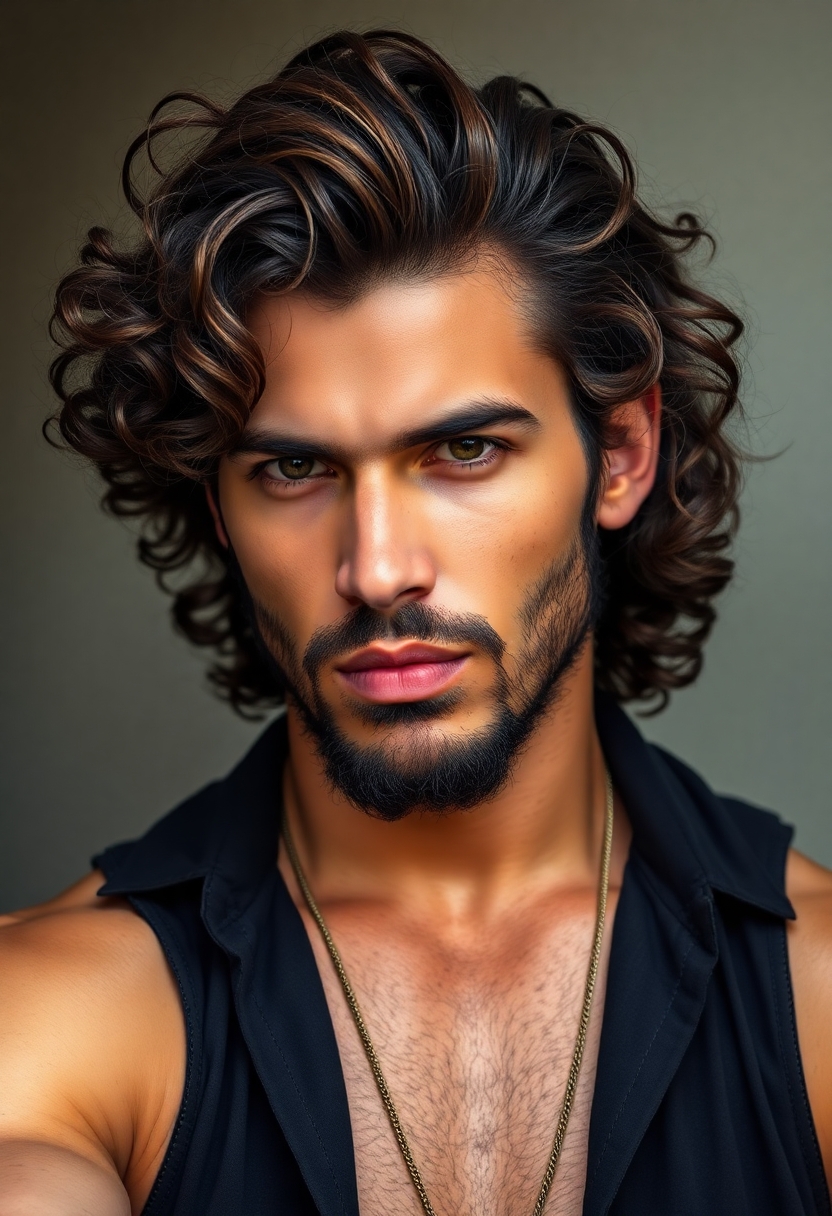 Sexy man with curly long hair and short beard. He is in his twenties. he has thick lips. He is toned but not overly muscular. Aggressive look. Arabic features.