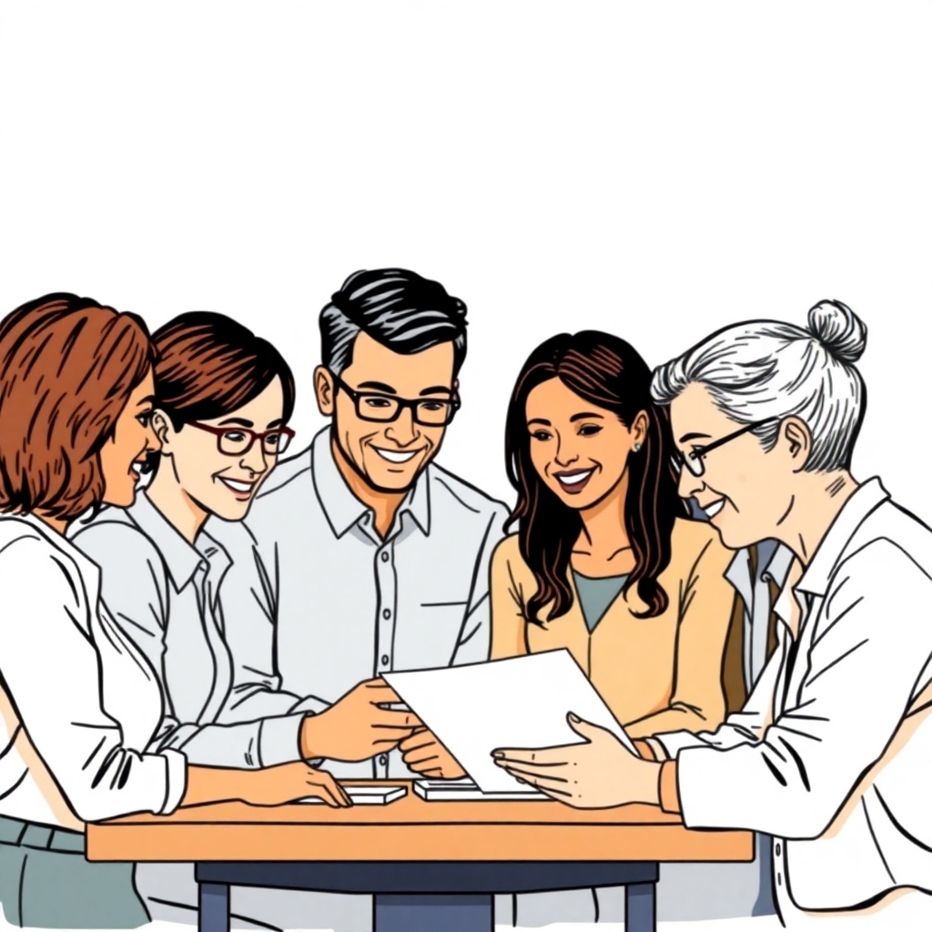 A drawing of a multigenerational and multiethnic group of adult professionals collaborating at a business for a book cover