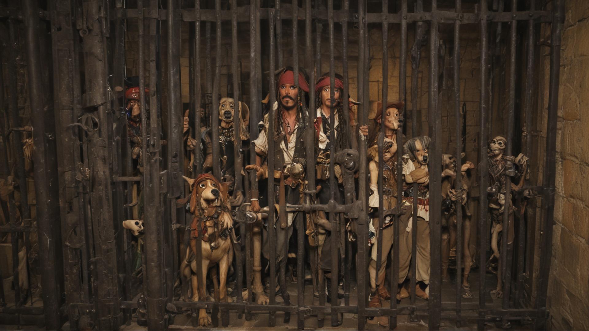 Scene from the Pirates of the Caribbean ride at Disneyland where the pirates in jail are trying to get the key from the dog, except the pirates are robots. The pirates are behind the jail cell bars, the jail cell is locked, the dog is outside of the jail cell and they are trying to tempt the dog is with a USB drive shaped like a bone. The view angle is from 40 degrees to the right of the cell where the dog and the robot pirates can both clearly be seen.