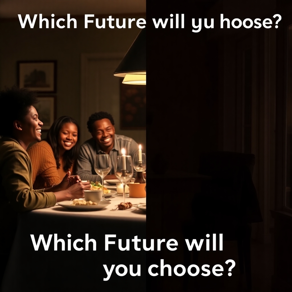 A split-image concept of a black family: On the left, a family laughing at a dinner table (happy, secure). On the right, a dimly lit, empty chair at the same table (symbolizing loss). Overlay text: "Which Future will you choose?