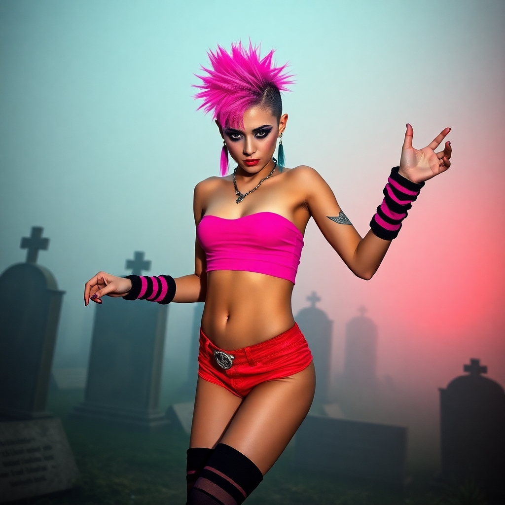 Create a photorealistic image of a punk-inspired girl with bright hair and dramatic makeup, wearing leg warmers and dancing confidently in a foggy, cemetery-like setting, inspired by the character Trash from Return of the Living Dead. Ensure she is wear8ng a super short crop top with lots of underboob displayed.  She has a very short spiked haircut just slightly longer than a buzz cut
