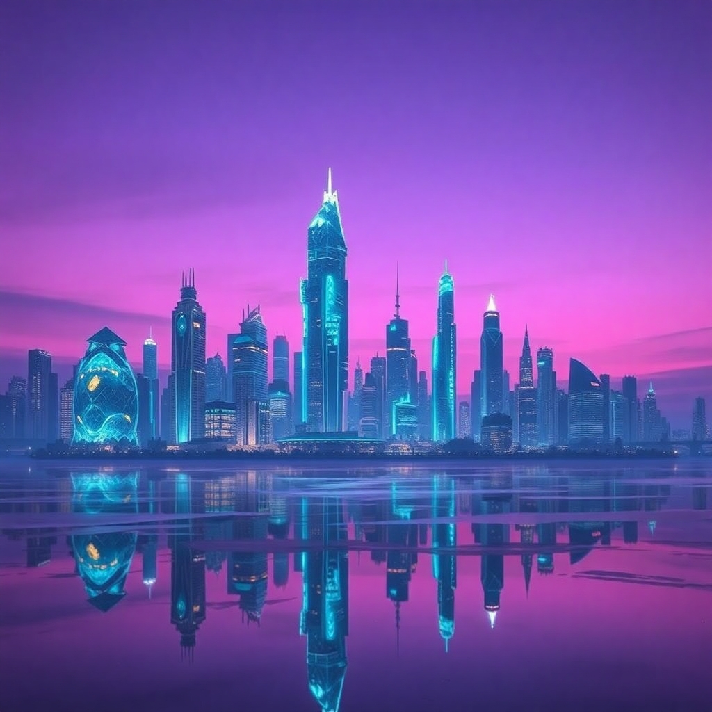 Surreal futuristic city skyline, buildings made of glowing crystals, soft purple twilight sky, reflections on glassy water, dreamlike atmosphere