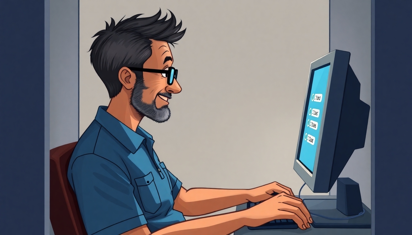 A man with black hair and a thin beard, both going grey, tan skin, wearing glasses and a blue pocket polo shirt, is sitting at a computer terminal in a narrow booth sweating while he is attempting to answer a multiple choice question on the screen