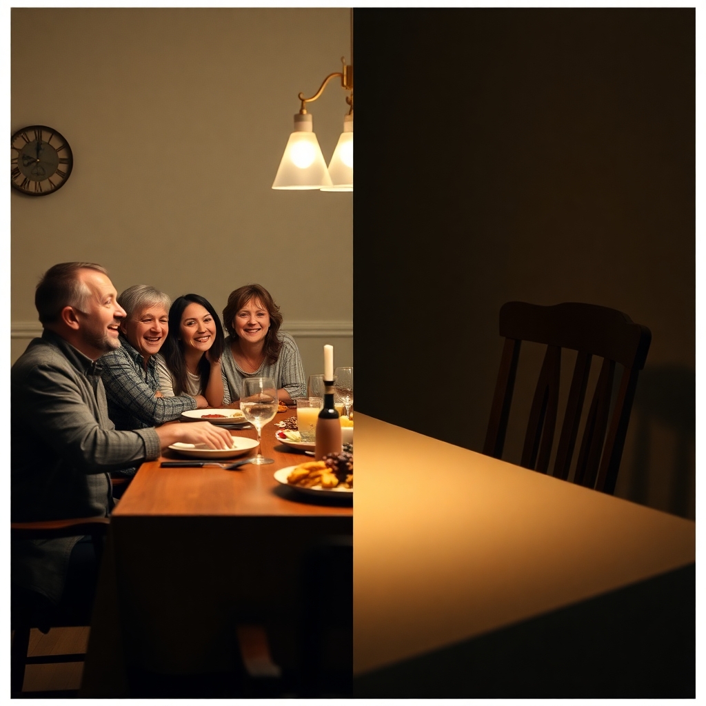 split-image concept: On the left, a family laughing at a dinner table (happy, secure). On the right, a dimly lit, empty chair at the same table